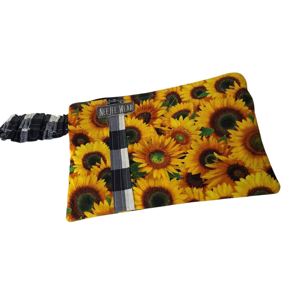 NeeJee Wear Handmade Wristlet Clutch Makeup Bag Sunflower Check Zipper Card Slot